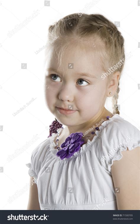 Little Girl Smile And Looking Upwards White Isolated Stock Photo