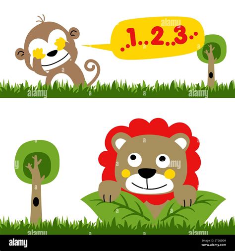 Playing Hide And Seek In Jungle With Monkey And Lion Vector Cartoon