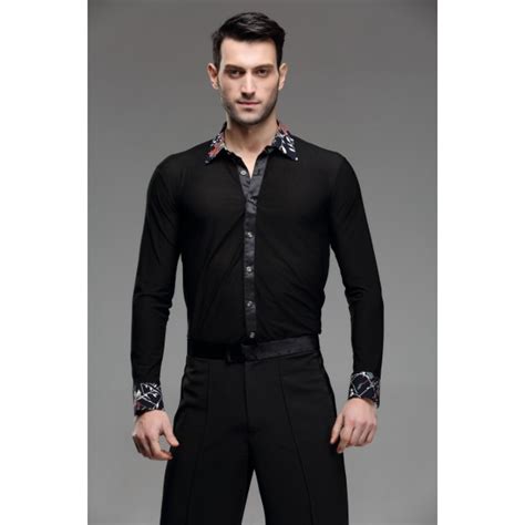 men s male printed down collar black latin dance shirt ballroom waltz dance top