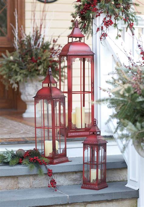 Classic Aged Look Red Metal Lantern Set Of 3 20in 28in And 37in Tall