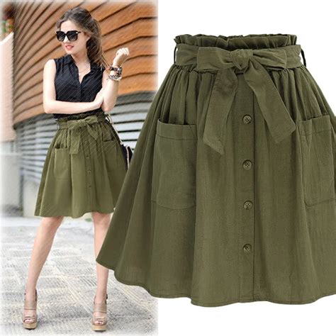 High Elasticity Waist Pocket Skirt Women Army Green Black Cotton 2018 New Summer A Line Casual