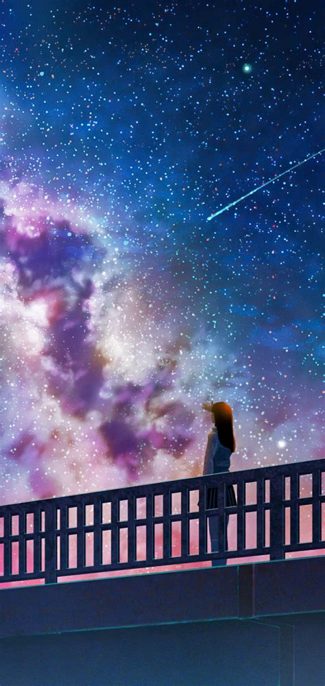 1080x2280 Anime Girl Alone At Bridge Watching The Galaxy Full Of Stars