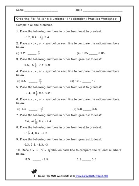 Ordering For Rational Numbers Independent Practice Worksheet Answer Key