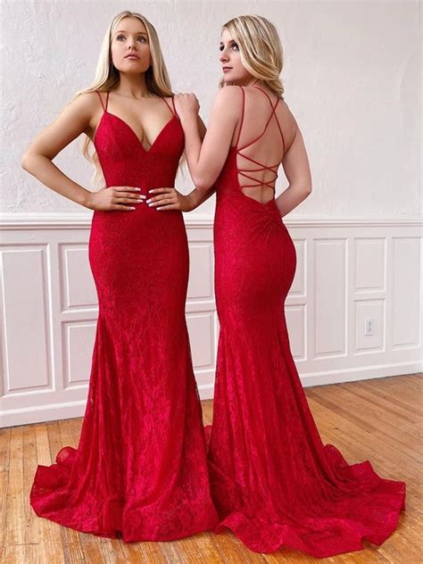 V Neck Mermaid Red Lace Long Prom Dresses Mermaid Lace Red Formal Dre