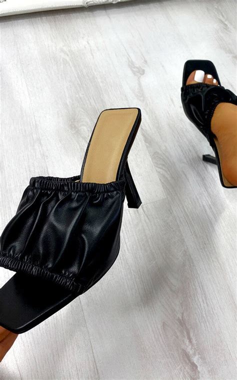 Mallory Ruched Square Toe Heels In Black Pu Ikrush