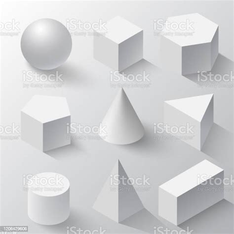 Realistic Set Of Basic 3d Shapes White Cube Cylinder Sphere And Cone On