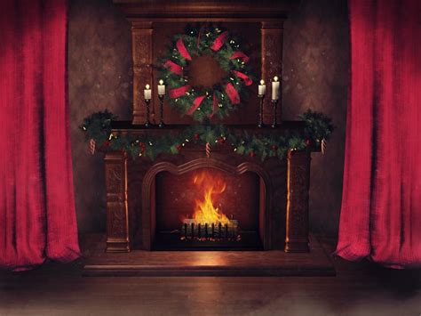 Fireplace Christmas Ornaments Candles And Red Curtains Photography