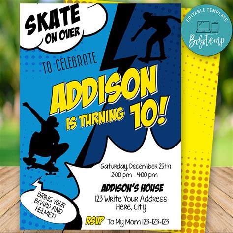 Editable Skater Birthday Party Invitation Instant Download Bobotemp