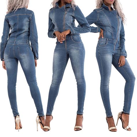 New Ladies Womens Sexy Skinny Denim Jumpsuit Dungaree Size 6 8 10 12 14 Ebay