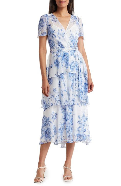 Calvin Klein Floral Short Sleeve Tiered Chiffon Maxi Dress In Blue Lyst