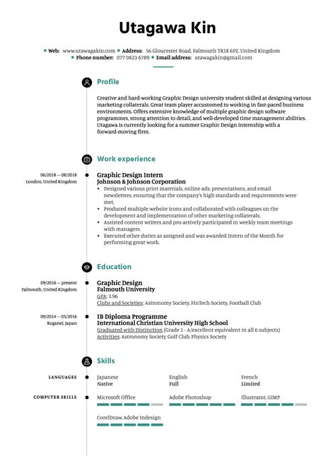A graphic designer is a skilled creative professional who uses various software programs, for example, photoshop, gimp, and canva and techniques, such as typography and motion graphics to create original digital pieces of. Graphic Design Intern Resume Example | Kickresume