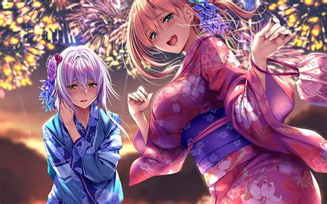 2880x1800 Anime Festival Anime Girls Fireworks Friends Summer
