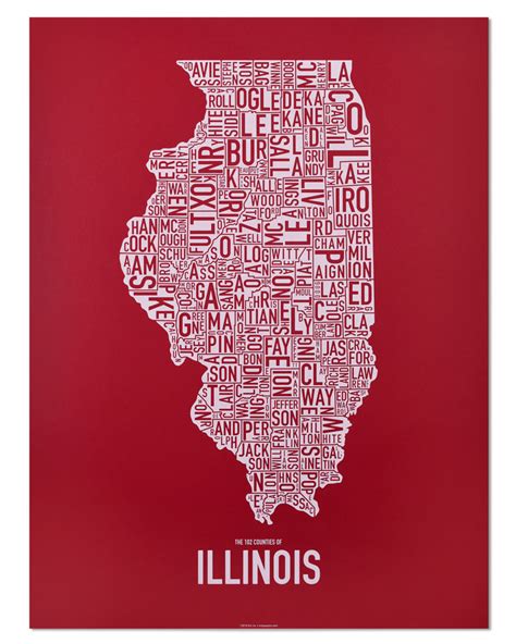 Counties Of Illinois Map 18 X 24 Red And White Screenprint