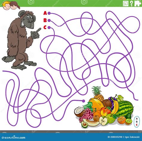 Juego De Laberinto Educativo Con Dibujos Animados Gorila Y Frutas