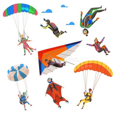 Paratroopers Or Parachutist Free Falling And Descenting With Parachutes