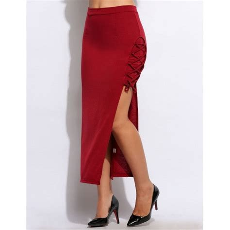 women fashion asymmetrical side slit lace up bodycon long pencil skirt