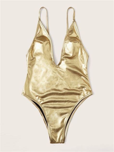 Gold Metallic Deep Plunge Low Back One Piece Swimsuit Bikini Bikini