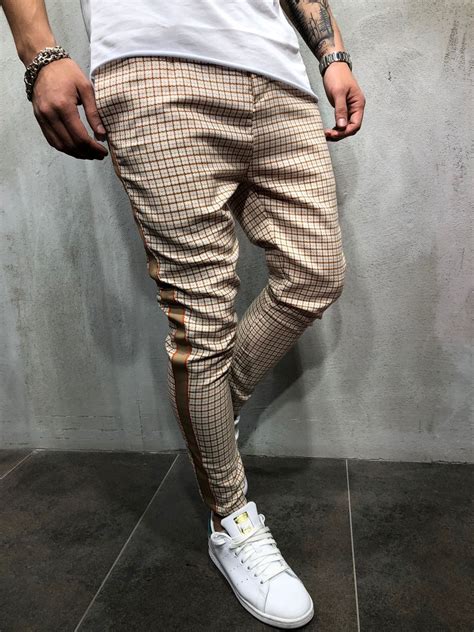 Checkered Ankle Pants With Side Stripes 3887 Mens Pants Fashion Mens