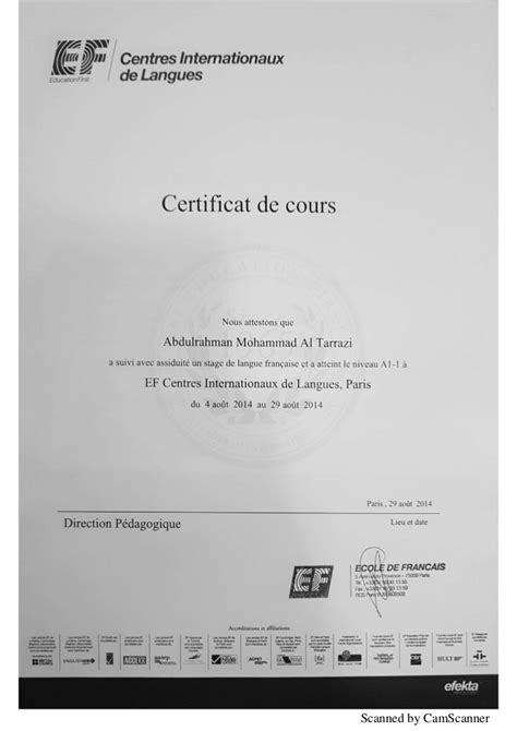 Ef Paris Certificat De Cours De Français