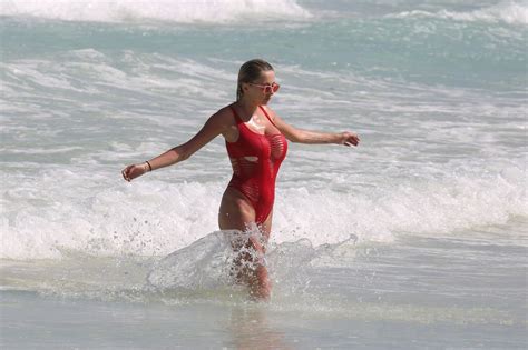Caroline Vreeland In Red Swimsuit At Tulum Beach Mexico