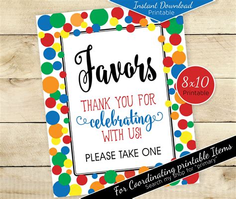 Party Favors 8x10 Table Sign Primary Colors Birthday Etsy