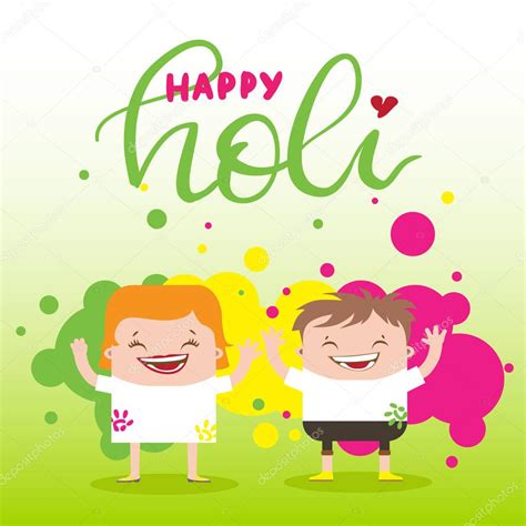 Illustration Of Kids Playing Holi With Color Greeting Card For Spring