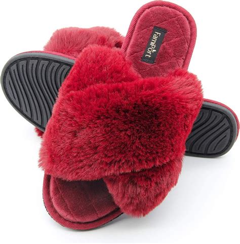 Famiport Fuzzy Slippers For Women Bunny Fur Cross Band