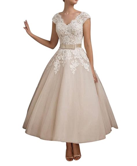 Fnks Womens 1950s Vintage Tea Length Wedding Dresses Lace Prom Dress