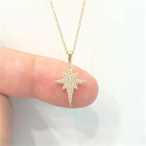 14K Real Solid Gold North Star Pendant Necklace With White Zirconia