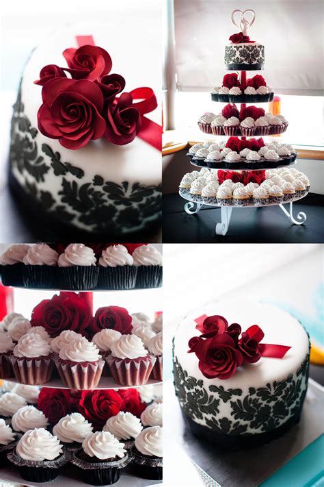 Black Damask And Red Roses Wedding Cake And Cupcakes Silver Spoon
