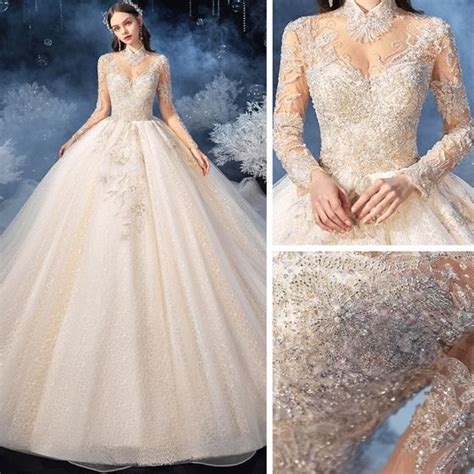 vintage retro champagne see through bridal wedding dresses 2020 ball gown high neck long