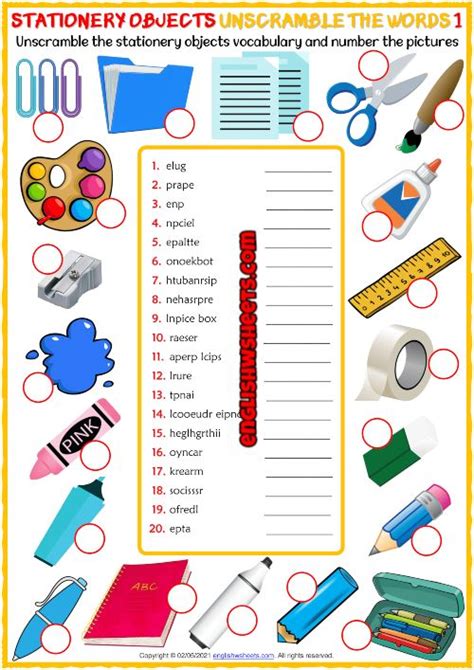 Stationery Objects Esl Unscramble The Words Worksheets Kids