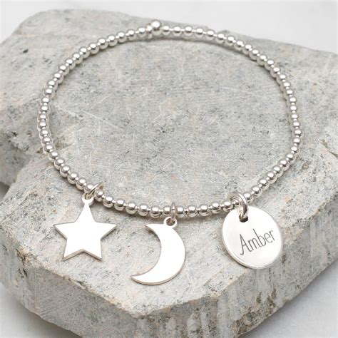 Personalised Sterling Silver Moon And Stars Bracelet By Hurleyburley