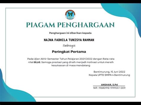 Contoh Piagam Penghargaan Mahasiswa Berprestasi Mendapat Piagam My