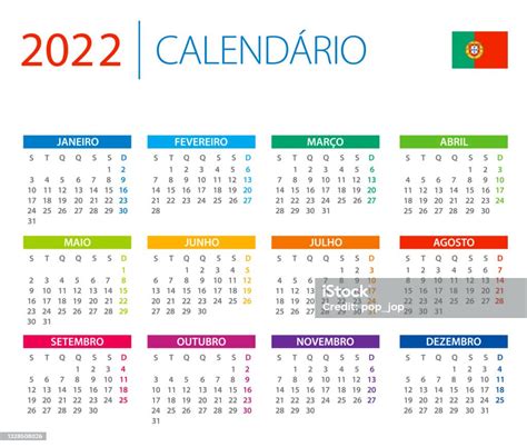 Calendar 2022 Portugal Color Vector Illustration Portuguese Language