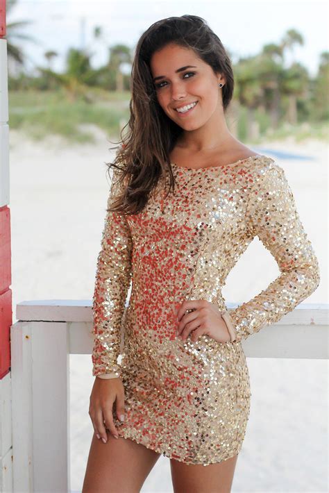 Gold Sequined Short Dress With Long Sleeves Short Dresses Saved By