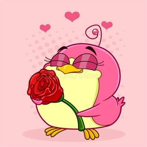 Cute Chickadee Bird Cartoon Character Holding A Rose Stock Vector