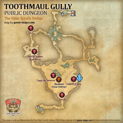 Map Of Toothmaul Gully Public Dungeon Located In Auridon Eso With Skyshard And Bosses