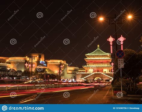 Illuminated Drum Tower In Xian China At Night Editorial Photo Image