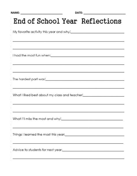 End Of Year School Reflection Worksheet