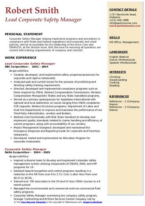 Corporate Safety Manager Resume Samples Qwikresume