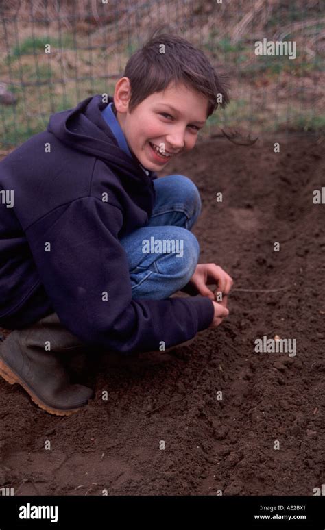 Young Boy Planting Vegetable Seeds In The Garden Stock Photo Alamy