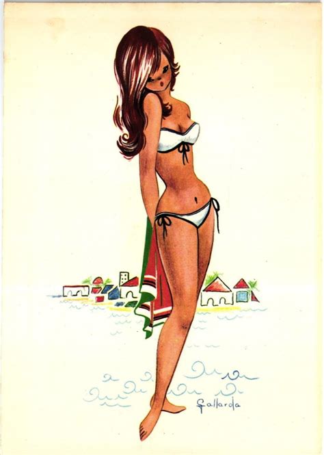 Artist Signed Gallarda Pinup Swimsuit Bikini OLD Postcard 1960 70s