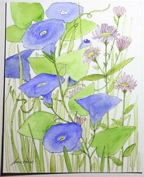 Sold Morning Glories And Asters Watercolor Painting Botanical Garden