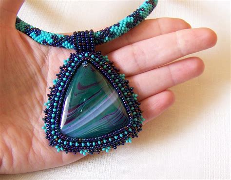 Bead Embroidery Pendant Necklace With Agate Turquoise Iridescent Blue
