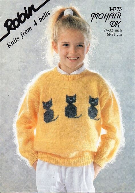 Childrens Mohair Cat Motif Sweater Knitting Pattern Pdf Dk Etsy Uk