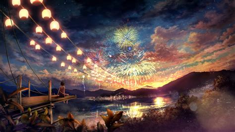 Clouds Landscapes Trees Fireworks Scenic Anime Anime Girls
