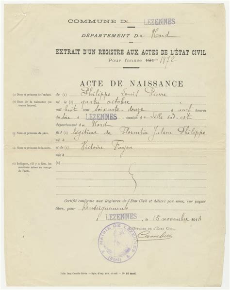 Musée SACEM Extrait des Registres des Actes de Naissance de Louis Philippo