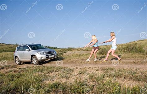 Girls Tugging Car Stock Image Image Of Haulage Summer 12261175