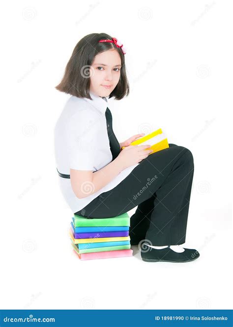 Girl Sitting On A Stack Of Books Stock Photo Image Of Sitting